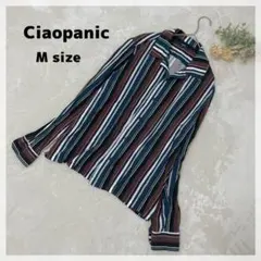 【チャオパニック】ストライプシャツ M ブラウン×ネイビー 薄手 きれいめ