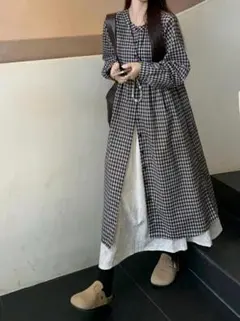 未使用SHEIN チェック柄 ブラウスシャツワンピース シーイン長袖S黒ベージュ