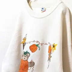 USA製ジャージーズクリエイトクラフト熊ハロウィン刺繍 スウェット白XL古着