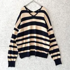 【人気】 ドレスキップ Vネック オーバーサイズ ボーダー ニット L ゆるだぼ