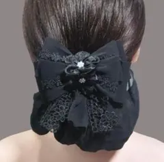 お団子ネット　黒　 レースリボン　お団子カバー　シニヨンネット　バレッタ　上品