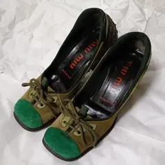 miumiu 異素材使い オリーブグリーンパンプス　EUサイズ36