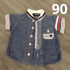 117★半袖 シャツ マリン デニム風 赤 かっちり フォーマルにも オシャレ