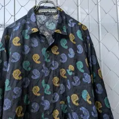 80s　ビンテージ　総柄　ペイズリー　オープンカラー　レーヨンシャツ　レトロ　黒