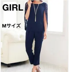 GIRL レースケープスリーブセットアップパンツドレス ネイビー M