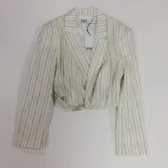 【新品タグ付】ZARA リネン混 クロップド ストライプ ジャケット ラップ L