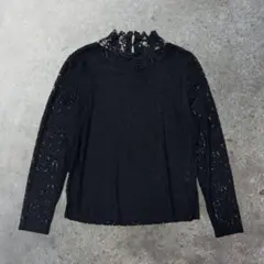 ブラックレースブラウス ハイネックフラワー柄 韓国製 フェミニン系