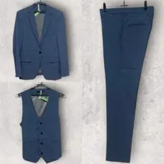【美品】青 スーツ ベスト パンツ 3点セット 結婚式 前撮り 二次会 Lサイズ