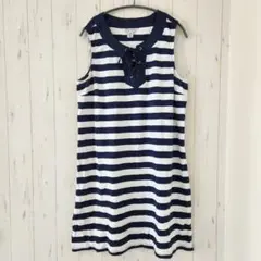 トミーバハマ ボーダー ワンピース ノースリーブ レース L～XL 紺 白 綿のサムネイル