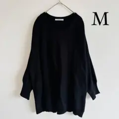 ドルマンスリーブ ニット 長袖 クルーネック ブラック M バックリボン調節可能