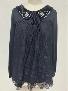 axes femme ビジュー襟 レース切替 長袖カットソー　秋