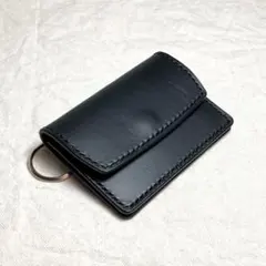 イタリアンレザー キーリング付き ミニ財布 本革 総手縫い マルチケース 黒 本革 総手縫い キーリング付き ミニ財布 イタリアンレザー マルチ