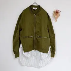 ブルゾン　シャツ　重ね着風　ジャケット　カーキ　ホワイト　ボーダー　L 秋冬