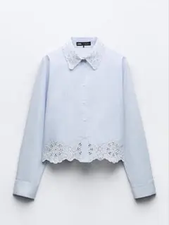 ZARA ザラ カットワークエンブロイダリーストライプクロップドシャツ ブルー