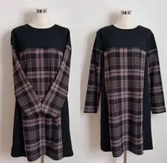 209ブラック×ブラウンチェック柄 切り替え ワンピース 大きいサイズ4L