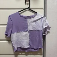 パッチワーク風 半袖カットソー パープル