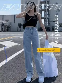 ウエスト調節可能 ストレートジーンズ デニムパンツ　M