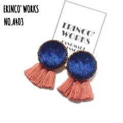 ＼ビーズ刺繍／2wayタッセルピアス ネイビー オレンジ 【イヤリングへ変更可】