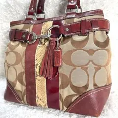 COACH ブラウン ボルドー シグネチャーパイソンエナメルベロア