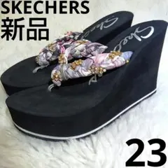 新品　skechers ウェッジソール トングサンダル ブラック 23 厚底