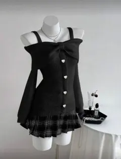 オフショルダーリボン付きニットセーター ブラック JP-XXL(L)