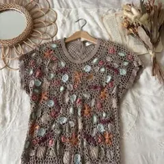 vintageヴィンテージ昭和レトロ古着かぎ針編みお花モチーフ刺繍サマーニットのサムネイル