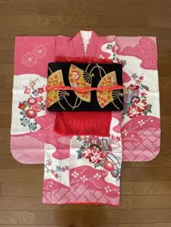 七五三 子ども着物 女の子 7歳 白地 紅葉 扇面 アンティーク 正絹