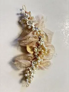 【子供用ヘッドドレス】パール×ゴールド リボン フラワー 結婚式 発表会 七五三