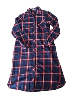 ネイビー×レッド チェック柄 シャツワンピース ロング丈 コットン100%