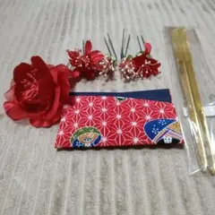和風ヘアアクセサリーセット 赤　七五三 ヘアピン　かんざし　成人式