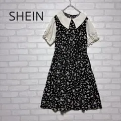 SHEIN 花柄 ドッキングワンピース 襟付き パフスリーブ モノトーン
