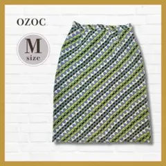 美品✨OZOC 膝丈スカート 幾何学模様 緑系 M 38 夏素材 裏地付き
