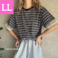 新品 しまむら おなつ マルチボーダーTシャツ LL プルオーバー チュール袖のサムネイル
