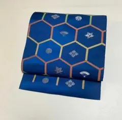 名古屋帯 亀甲紋様 藍色 銀糸 八寸 正絹 着物 和装 お稽古 着付け 和服