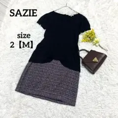 ワンピース ドッキング 半袖 ツイード 黒 パープル ワンピース ウエストリボン