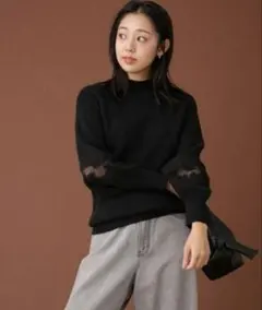 【NANO univers 】スリーブ刺繍ニット 長袖　BLACK