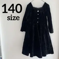 【140】黒　ブラック　リボン付き　ベルベット風　ワンピース　長袖　フォーマル