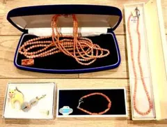 ピンク珊瑚 3連 ロングネックレス 本珊瑚　ブローチ　ネックレス　ブレスレット