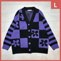 ZARA ブラック/パープル カーディガン Lサイズ ウール混