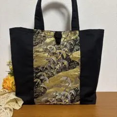 No.10 帯リメイクバッグ　ブラック×ゴールド鶴柄刺繍