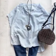 アーバンリサーチドアーズ リネン フレンチスリーブ プルオーバー ブラウス 水色