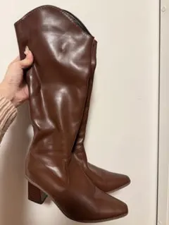 ブラウン ロングブーツ 中ヒール ポインテッドトゥ
