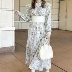 apres jour フリルウエストリブワンピース　花柄　美品　フレア　F