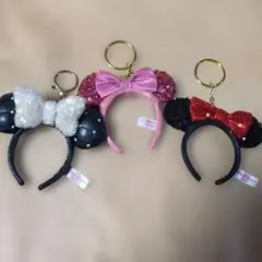 ミニーマウス風スパンコールキーホルダー3点セット