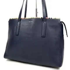 ポールスミス トートバッグ マルチストライプ ネイビー サフィアーノレザー