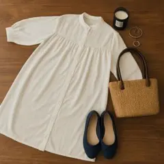 【美品】7〜8分袖　ナチュラル バンドカラーシャツワンピース オフホワイト 羽織