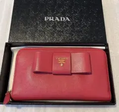 PRADA 長財布 サフィアーノ メタル リボン ラウンドファスナー ピンク