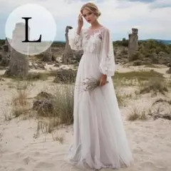 刺繍花柄レース ウェディングドレス 前撮りドレス マタニティドレス ワンピ L