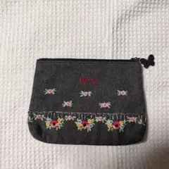 ANNA SUI 刺繍デザイン ダークデニムポーチ