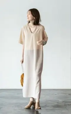 【NOBLE】配色切替ワンピース ベージュ×グレー 日本製 上品 きれいめ